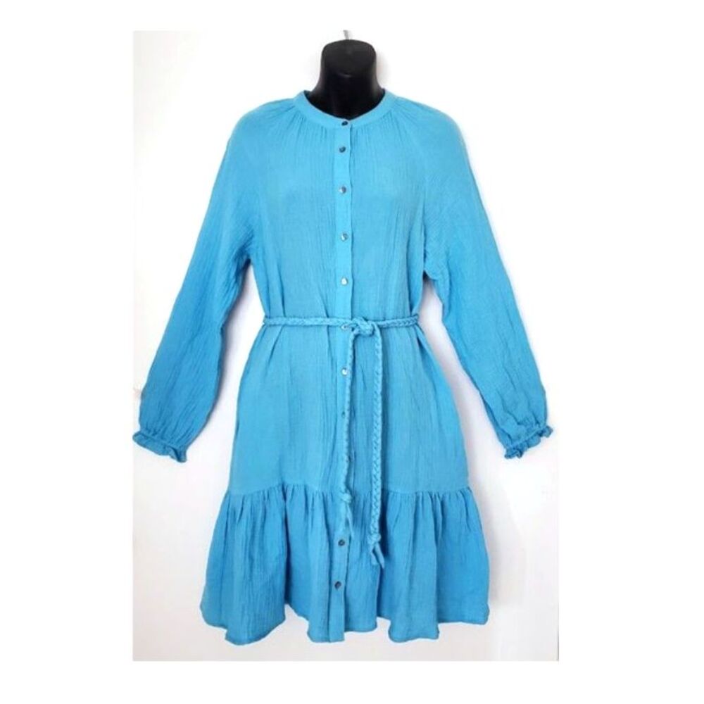 Magaschoni 100% Organic Cotton Gauze Tiered Mini Shirt Dress Blue Grotto NWT XS